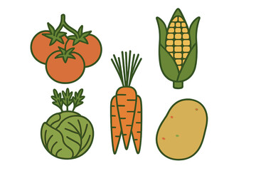Fresh organic garden vegetables including tomatoes, corn, cabbage, carrots, and potato