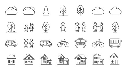 Collection of Outline Icons Representing Nature People Transport and Houses.