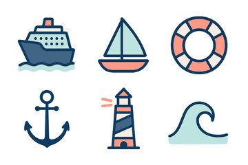 Obraz premium Set of nautical icons featuring a cruise ship, sailboat, anchor, lighthouse, lifebuoy, and ocean wave