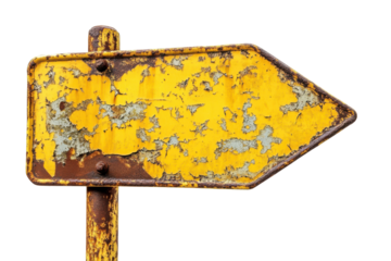 Rusty directional arrow sign pointing right isolated on transparent background. Rusty yellow road sign arrow pointing left isolated on white background.