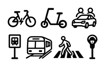 Collection of urban transport icons featuring bicycle, scooter, car, train, and pedestrian symbols