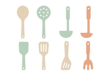 Set of cooking and serving utensils in soft pastel colors