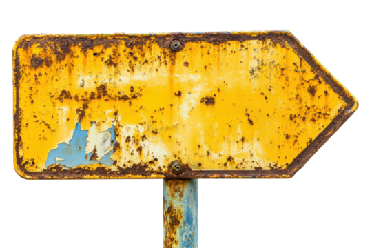 Rusty directional arrow sign pointing right isolated on transparent background. Rusty yellow road sign arrow pointing left isolated on white background.