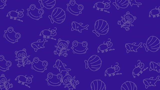 Patterned background with animal and shell outlines on purple.