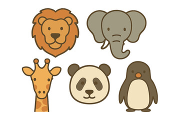 Cute cartoon animal faces set: lion, elephant, giraffe, panda, and penguin characters