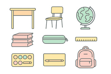 Colorful outline icons set featuring essential school and classroom supplies