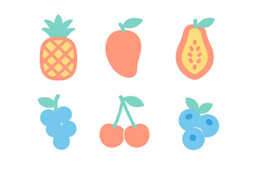 Stylized set of six colorful flat design icons featuring tropical fruits and fresh berries