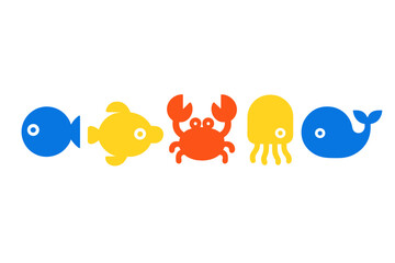 Colorful collection of simple marine life symbols: fish, dolphin, crab, jellyfish, and whale