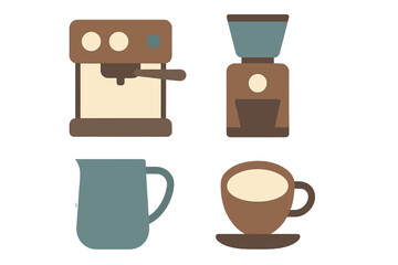 Set of essential coffee preparation tools including espresso machine and grinder