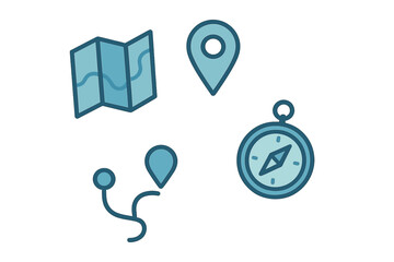 Essential set of navigation icons: folded map, compass, location pin, and route path markers