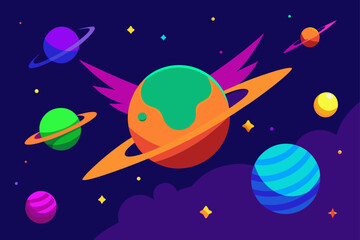 Fototapeta premium Illustration of planets with rings and wings in space