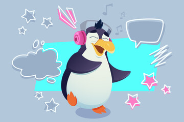 Cheerful penguin wearing headphones and enjoying music in colorful background, surrounded by fun shapes and stars