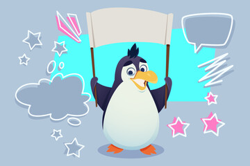 Cheerful cartoon penguin standing with blank sign, surrounded by colorful stars and speech bubbles. Blue background creating fun and playful atmosphere for messages