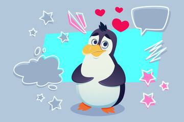 Cartoon penguin standing with shy expression. Colorful hearts and stars surrounding it, adding playful touch