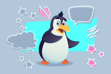 Cute cartoon penguin standing against light blue background, expressing thoughtful emotion. Colorful shapes and speech bubbles surrounding penguin, adding playful touch