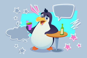 Relaxed and cheerful cartoon penguin standing at table holding colorful drink. Playful stars and speech bubbles adding fun vibe to scene.