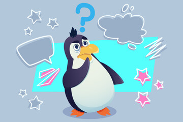 Cartoon penguin standing pondering with curious expression. Colorful shapes and speech bubbles surrounding it, hinting at thoughts and questions