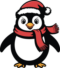 Cute cartoon penguin and snowman enjoying Christmas in a snowy winter scene