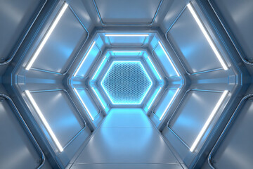 Futuristic hexagonal corridor with blue lights