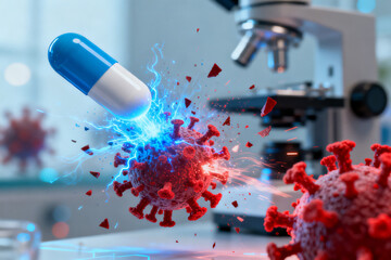 Medicine attacking virus under microscope