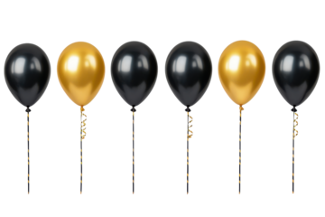 Collection of black and gold confetti balloons isolated on transparent background. Set of black and golden balloons for "Black Friday" isolated on white background.