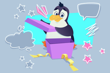Cute cartoon penguin excitedly opening purple gift box. Playful shapes and speech bubbles surrounding, creating joyful atmosphere
