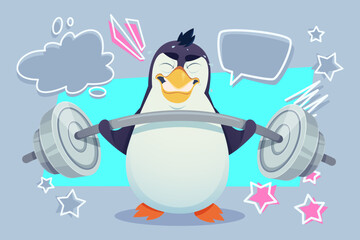 Cartoon penguin lifting barbell with determined expression. Colorful speech bubbles and stars in background adding to fun and lively atmosphere