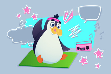 Cheerful cartoon penguin practicing yoga on mat with stars and music notes on background. Penguin wearing headband and looking relaxed