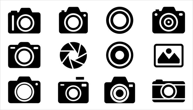 Camera Icon Set, Photography and Photo Equipment Vector Illustration, Photography Symbols and Camera Icons, Lens and Picture Concept Vector, Photo and Media Icons, Camera and Photography Tools.