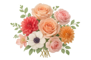 Fototapeta premium Watercolor floral bouquet with peach roses, pink dahlias, white anemone, and green leaves, transparent background