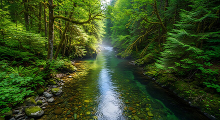 Obraz premium Sunlit River Flowing Through a Lush Mossy Temperate Forest