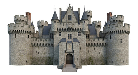 Majestic castle isolated on white background, showcasing its imposing architecture and historical significance in a minimalist composition