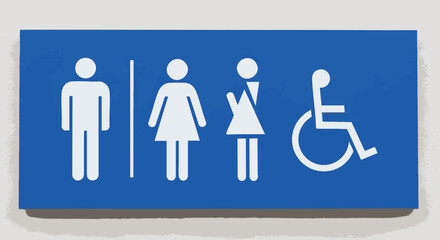 Modern blue restroom sign with universal icons for male, female, all-gender, and handicap accessibility, representing inclusivity and public facilities