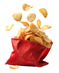 Crispy Potato chips fly out of red bag isolated on white background ,PNG. AI GENERATED.