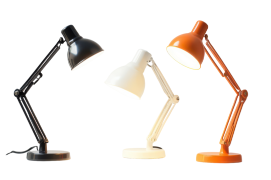 Desk lamps in different colors isolated on transparent background. Set of desk lamps isolated on white background.
