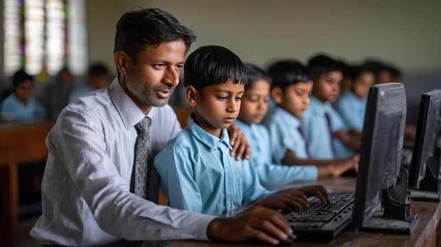 A teacher helps a boy at a computer while classmates in blue uniforms work on desks in a classroom.