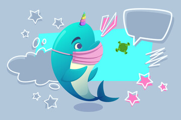 Cheerful narwhal with unicorn horn wearing pink mask. Stars and speech bubbles emphasizing playful take on health measures amid pandemic