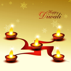 Diwali festival background with glowing clay diya lamps arranged on red swastik symbol, golden gradient backdrop, sparkling star decoration, Hindu Indian festival of lights celebration greeting vector