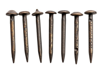 Seven antique rusted iron nails isolated on transparent background. Set of metal nail heads isolated on white background.
