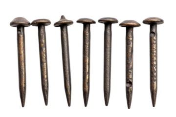 Seven antique rusted iron nails isolated on transparent background. Set of metal nail heads isolated on white background.