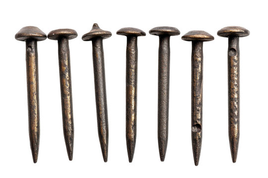 Seven antique rusted iron nails isolated on transparent background. Set of metal nail heads isolated on white background. - Powered by Adobe