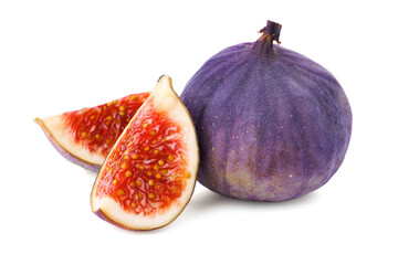 Fototapeta na wymiar Whole and cut ripe figs isolated on white
