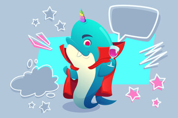 Cute whale character with colorful unicorn horn wearing red cape and holding glass of drink. Background with playful stars and speech bubbles in fun design