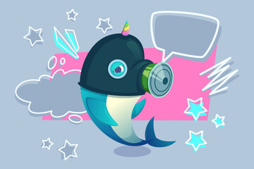 Colorful dolphin character wearing quirky helmet and speaking in speech bubble. Background with playful shapes and stars giving fun atmosphere to scene