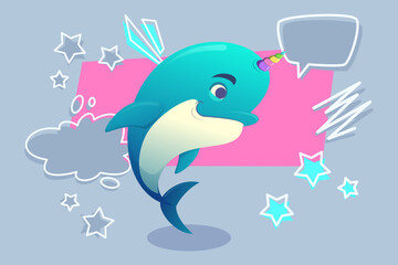 Lively dolphin with unicorn horn swimming joyfully against blue background. Stars and speech bubbles creating fun, playful atmosphere in this colorful artwork