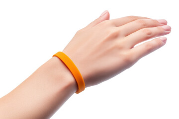 Orange wristband on a human arm isolated on transparent background. Silicon bracelet mock up on hand wrist isolated on white background.