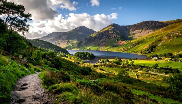 Scenic mountain lake vista with pathway