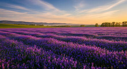 Beautiful Purple Lavender Field Bathed in Golden Sunset Light