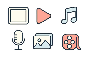 Outline icons representing digital media, entertainment, video, audio, photography, and recording symbols