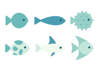 Six stylized marine life fish shapes in simple flat graphic design